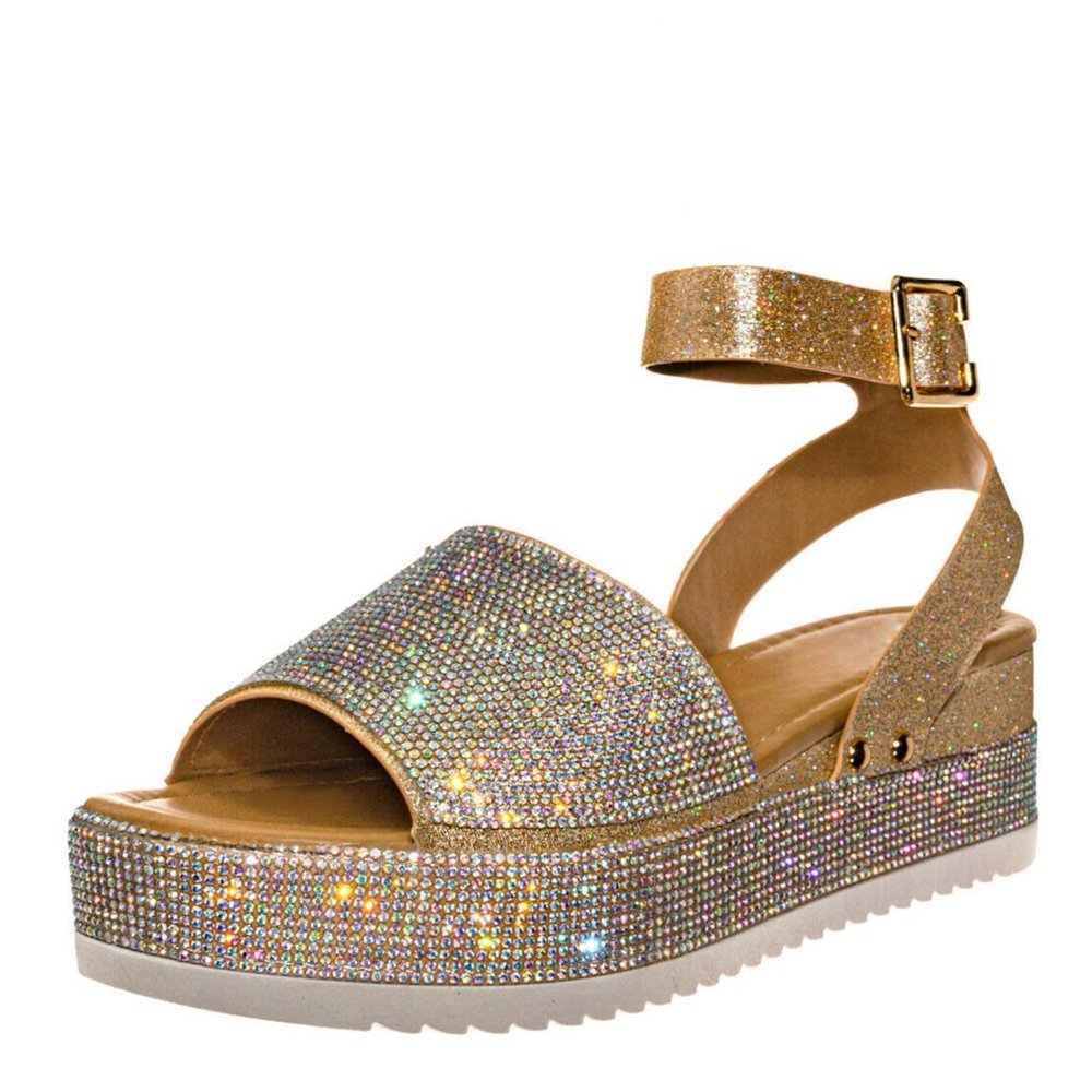 NEW Sparkling Rainbow Rhinestone Open Toe Sandals Flat Platform Heel Ankle Strap - Picture 5 of 11